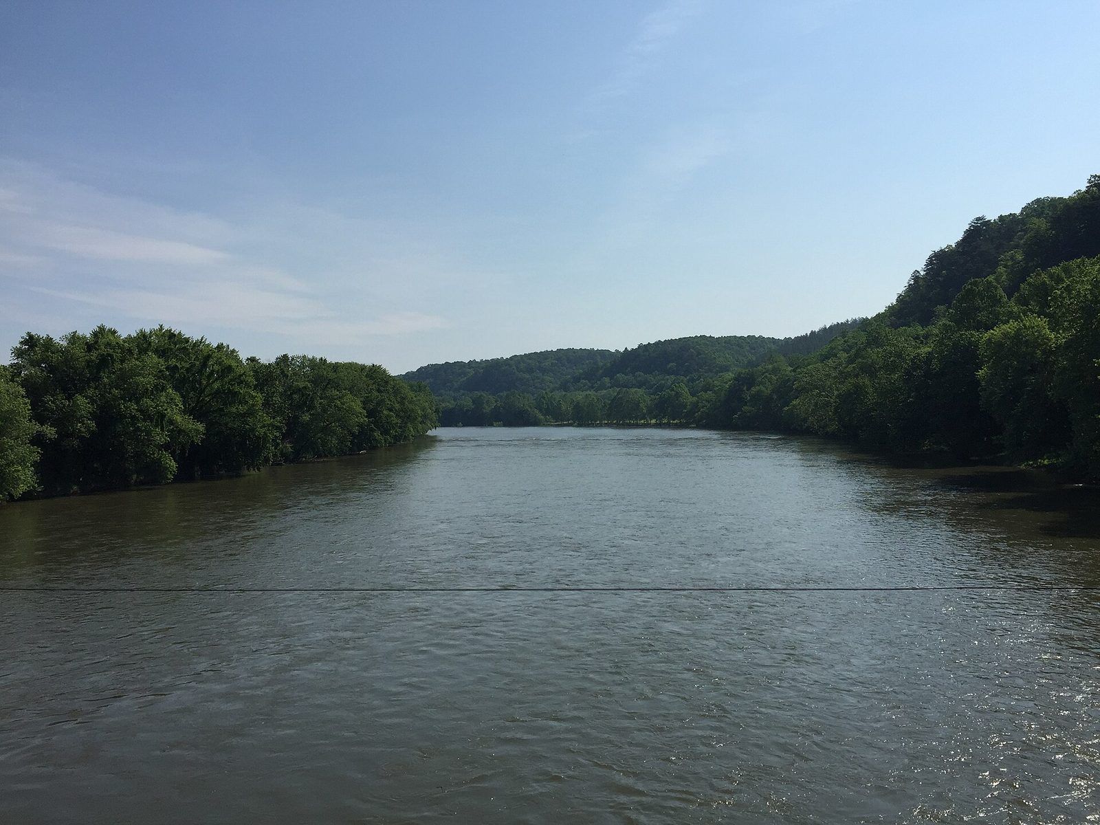 2016-05-27 10 17 25 View northeast down the James River from the Wingina Bridge (Virginia State Route 56) along the border of Nelson County, Virginia and Buckingham County, Virginia